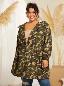 SHEIN CURVE+ Plus Camo Print Drawstring Waist Hooded Coat - Multicolor - View 3