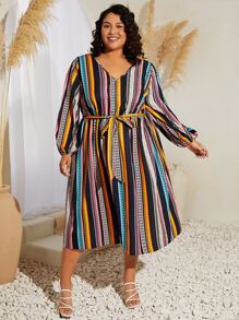 SHEIN CURVE+ Plus Geo Print Lantern Sleeve Belted Dress - Multicolor - View 3
