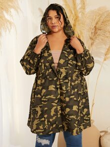 SHEIN CURVE+ Plus Camo Print Drawstring Waist Hooded Coat - Multicolor - View 1