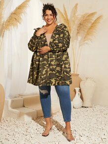 SHEIN CURVE+ Plus Camo Print Drawstring Waist Hooded Coat - Multicolor - View 5