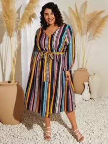 SHEIN CURVE+ Plus Geo Print Lantern Sleeve Belted Dress - Multicolor - View 1