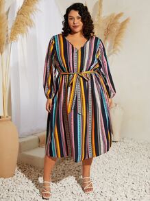 SHEIN CURVE+ Plus Geo Print Lantern Sleeve Belted Dress - Multicolor - View 5