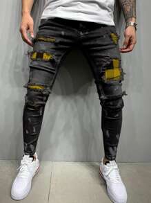 ROMWE MEN Men Cotton Ripped Frayed Rag Stitching Skinny Jeans