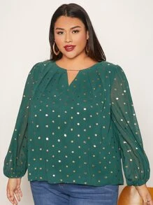 SHEIN CURVE+ Plus Gold Print Keyhole Neck Blouse - Green - View 3