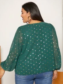 SHEIN CURVE+ Plus Gold Print Keyhole Neck Blouse - Green - View 2