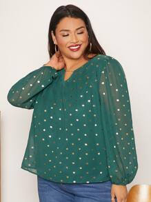 SHEIN CURVE+ Plus Gold Print Keyhole Neck Blouse - Green - View 4