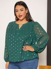 SHEIN CURVE+ Plus Gold Print Keyhole Neck Blouse - Green - View 6