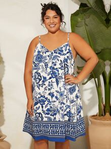 SHEIN CURVE+ Plus Floral Print Cami Dress - Blue and White - View 1