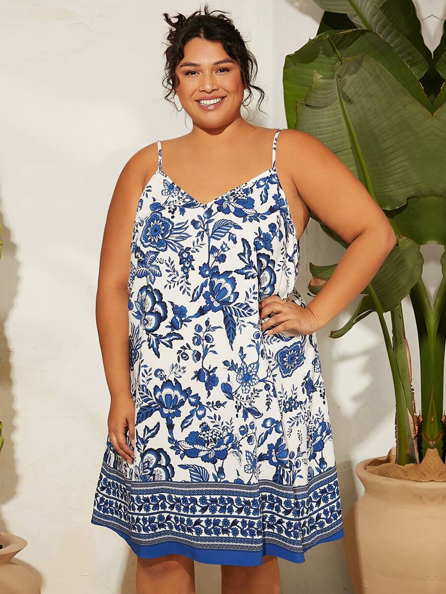 SHEIN CURVE+ Plus Floral Print Cami Dress - Blue and White - View 1