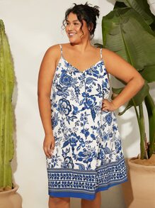 SHEIN CURVE+ Plus Floral Print Cami Dress - Blue and White - View 4