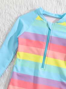 Boys Rainbow Striped Zipper Front One Piece Swimsuit - Multicolor - View 4