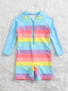 Boys Rainbow Striped Zipper Front One Piece Swimsuit - Multicolor - View 5