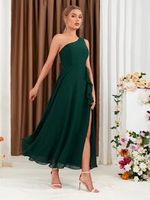 SHEIN Belle Vestido de dama de honor de un hombro ribete con fruncido de gasa - Verde - Ver 6