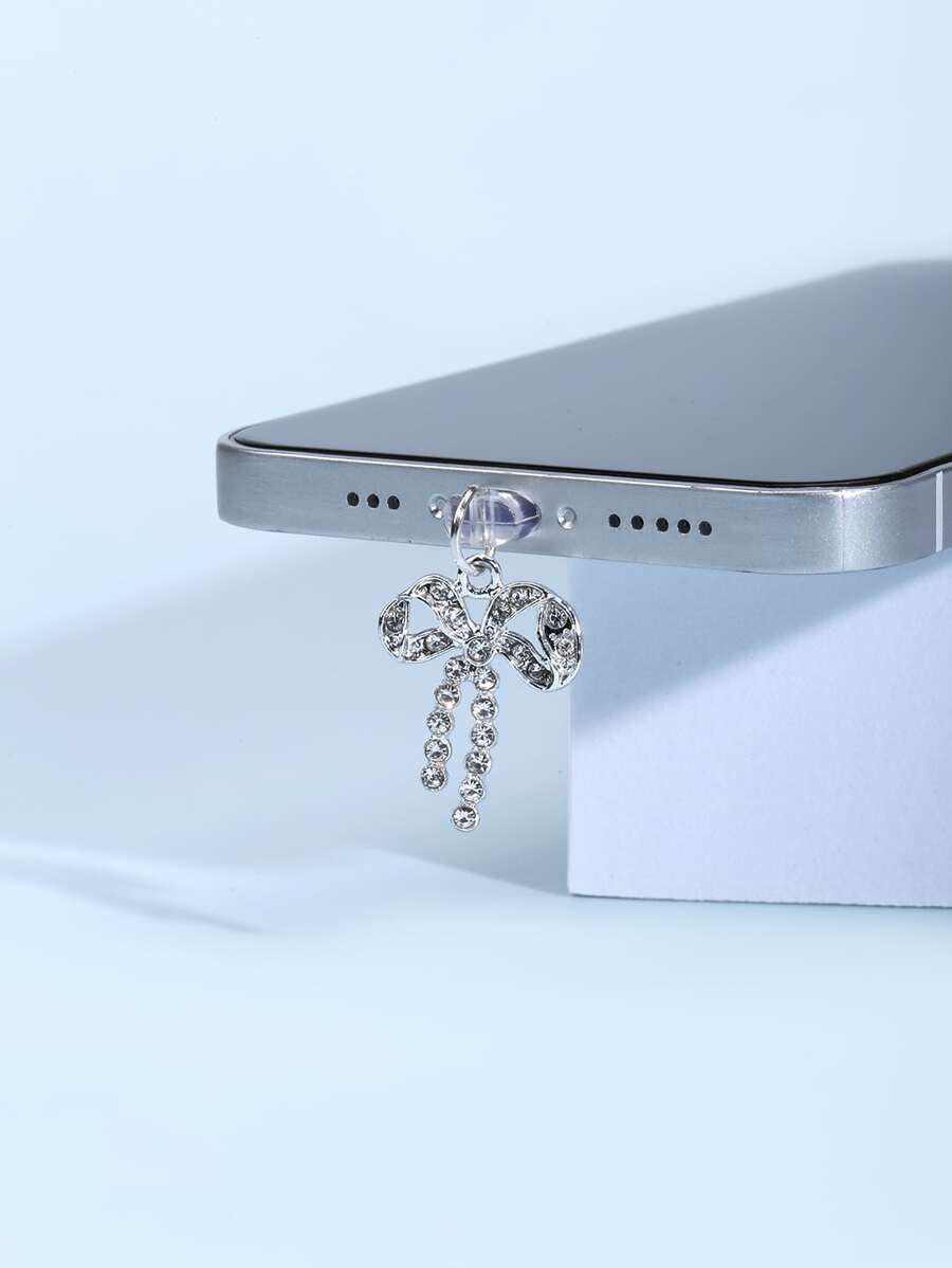 1 pieza Tapón antipolvo con diamante de imitación con diseño de lazo - Plateado - Ver 1