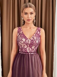 花卉刺繡網紗覆蓋長連衣裙 - 紫色 - 查看 4