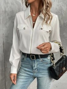 SHEIN LUNE Zip Up Flap Detail Shirt - White - View 1