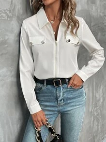 SHEIN LUNE Zip Up Flap Detail Shirt - White - View 3