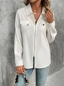 SHEIN LUNE Zip Up Flap Detail Shirt - White - View 4