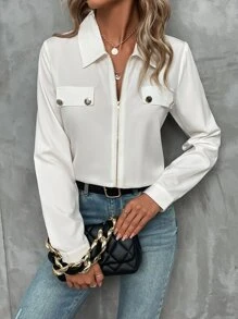 SHEIN LUNE Zip Up Flap Detail Shirt - White - View 5
