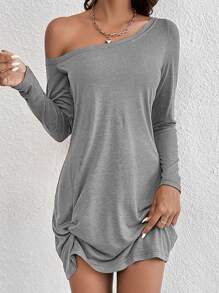 SHEIN Essnce Đầm Xù xoắn lại màu trơn Giải trí - Xám - Xem 1