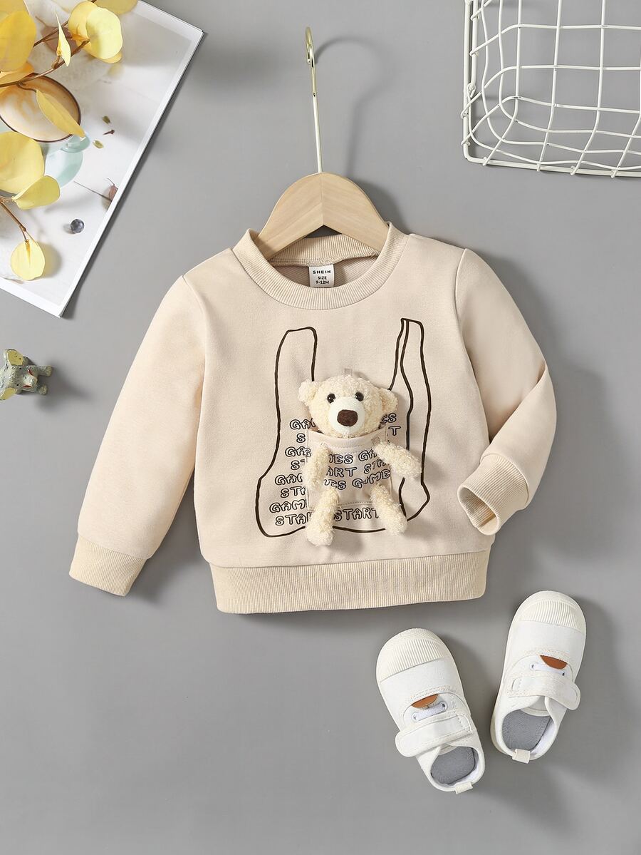 Baby Bear Doll Decor Letter Graphic Pullover - Apricot - View 1