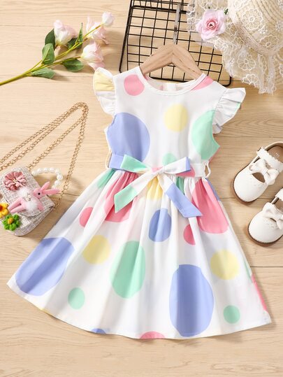 Toddler Girls Polka Dot Print Ruffle Trim Belted Dress
