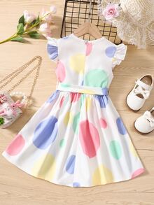 小女童波點圖案荷葉邊繫腰帶連衣裙 - 彩色 - 查看 2