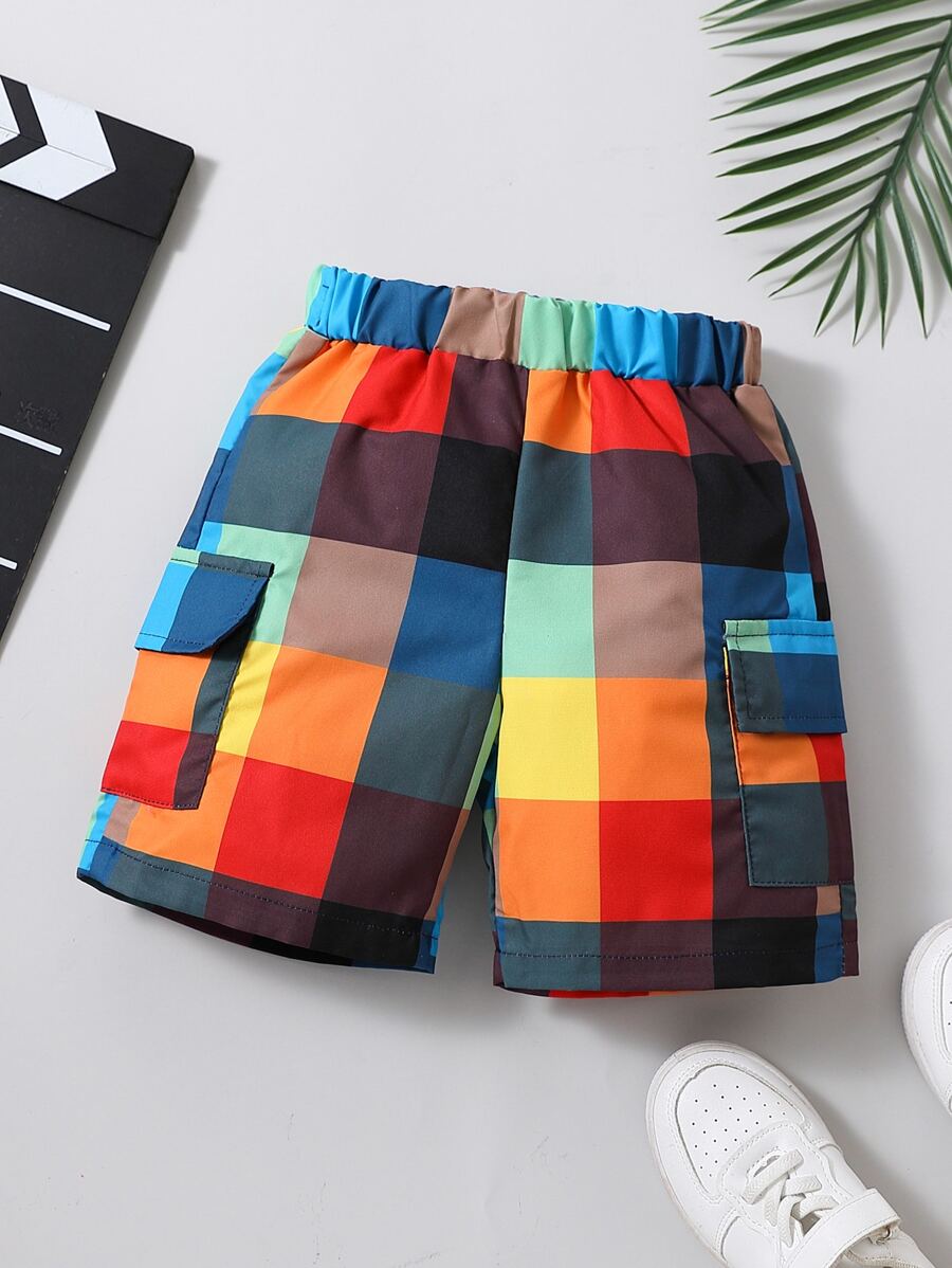 小男童格紋印花翻蓋口袋工裝短褲