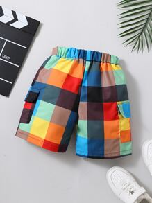 小男童格紋印花翻蓋口袋工裝短褲