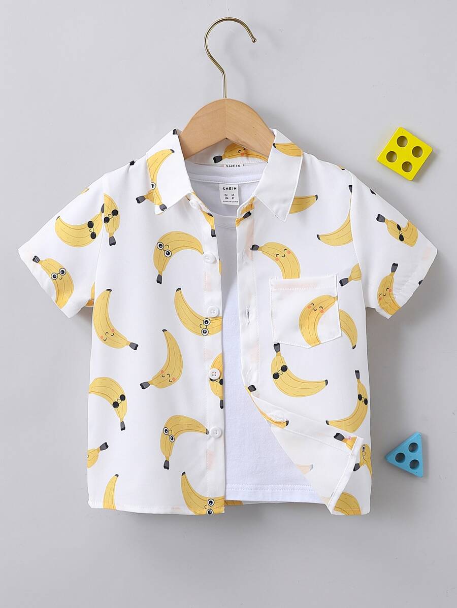 SHEIN Cậu Bé Màu Trắng Dễ Thương Quả Chuối In Toàn Thân Cổ Bẻ Áo Sơ Mi Tay Thường Có Họa Tiết Trái Cây Và Rau Quả Cho Mùa Hè - trắng - Xem 1