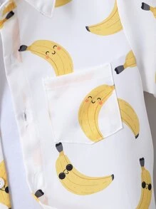 SHEIN Cậu Bé Màu Trắng Dễ Thương Quả Chuối In Toàn Thân Cổ Bẻ Áo Sơ Mi Tay Thường Có Họa Tiết Trái Cây Và Rau Quả Cho Mùa Hè - trắng - Xem 3