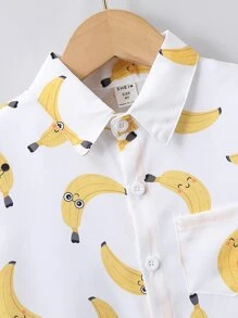 SHEIN Cậu Bé Màu Trắng Dễ Thương Quả Chuối In Toàn Thân Cổ Bẻ Áo Sơ Mi Tay Thường Có Họa Tiết Trái Cây Và Rau Quả Cho Mùa Hè - trắng - Xem 4