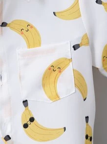 SHEIN Cậu Bé Màu Trắng Dễ Thương Quả Chuối In Toàn Thân Cổ Bẻ Áo Sơ Mi Tay Thường Có Họa Tiết Trái Cây Và Rau Quả Cho Mùa Hè - trắng - Xem 5