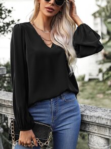 SHEIN Frenchy Solid V Neck Bishop Sleeve Blouse - Black - View 1