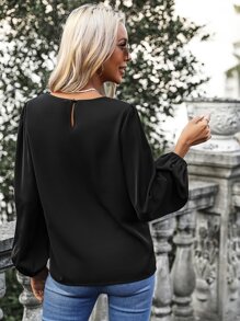 SHEIN Frenchy Solid V Neck Bishop Sleeve Blouse - Black - View 2
