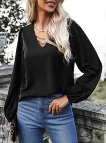 SHEIN Frenchy Solid V Neck Bishop Sleeve Blouse - Black - View 4