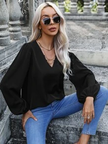 SHEIN Frenchy Solid V Neck Bishop Sleeve Blouse - Black - View 5