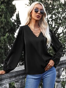 SHEIN Frenchy Solid V Neck Bishop Sleeve Blouse - Black - View 6