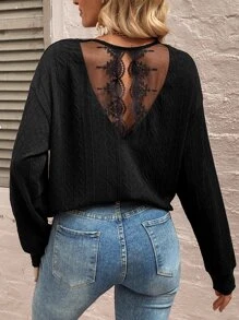 SHEIN LUNE Contrast Lace Drop Shoulder Sweatshirt - Black - View 1