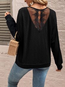SHEIN LUNE Contrast Lace Drop Shoulder Sweatshirt - Black - View 4