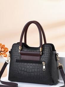 鱷魚紋壓花方形包，用這款時尚手提包提升您的風格-非常適合辦公室和派對！ - 黑色 - 查看 5