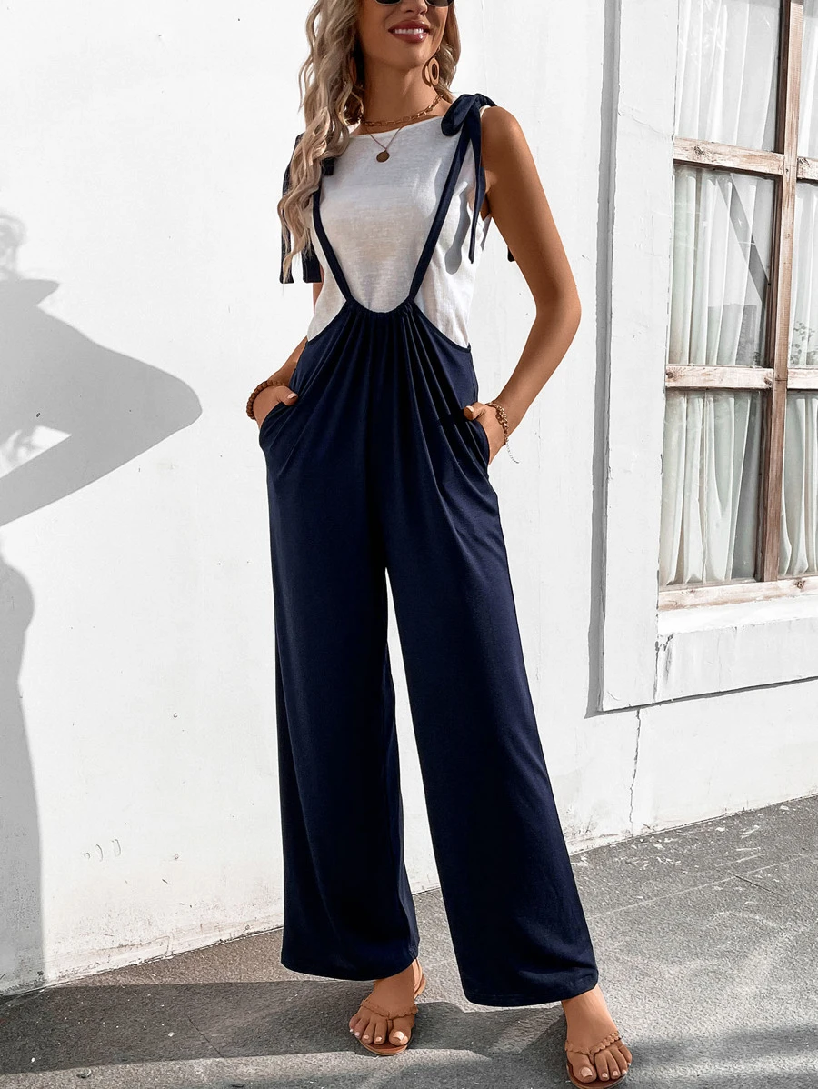 SHEIN LUNE Knot Shoulder Slant Pocket Suspender Jumpsuit Without Tee - Navy Blue - View 1