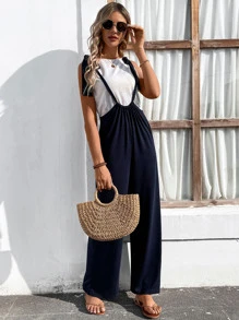 SHEIN LUNE Knot Shoulder Slant Pocket Suspender Jumpsuit Without Tee - Navy Blue - View 6