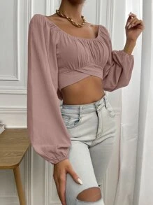 Chiquease Ruched Knot Back Crop Blouse - Dusty Pink - View 4