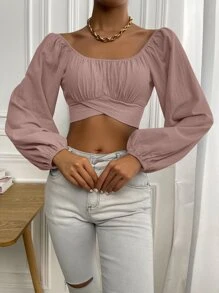 Chiquease Ruched Knot Back Crop Blouse - Dusty Pink - View 5