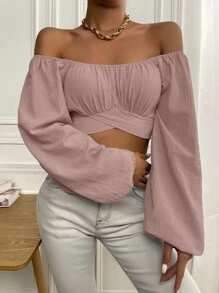 Chiquease Ruched Knot Back Crop Blouse - Dusty Pink - View 6