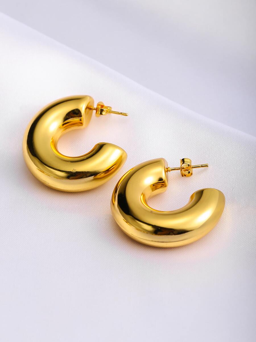 1pair Thick Gold Hoop Earrings, 18k Gold-Plated, Low Allergenicity, Oval-Shaped Earrings, Elegant Suitable For Girls As Fashion Jewelry - Yellow Gold - View 1