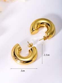 1pair Thick Gold Hoop Earrings, 18k Gold-Plated, Low Allergenicity, Oval-Shaped Earrings, Elegant Suitable For Girls As Fashion Jewelry - Yellow Gold - View 3