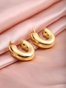 1pair Thick Gold Hoop Earrings, 18k Gold-Plated, Low Allergenicity, Oval-Shaped Earrings, Elegant Suitable For Girls As Fashion Jewelry - Yellow Gold - View 4