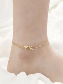 心和字母裝飾分層腳鏈